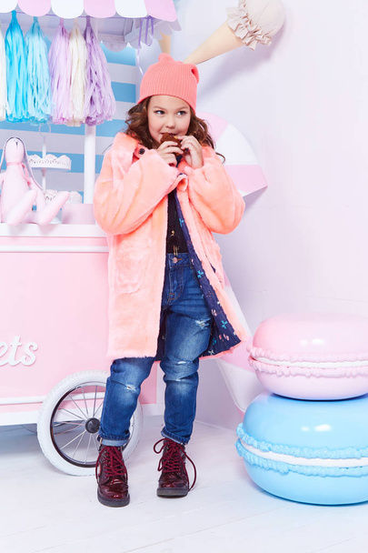 Clothes for kid jeans denim fur hat fashion style small little g - Photo, Image