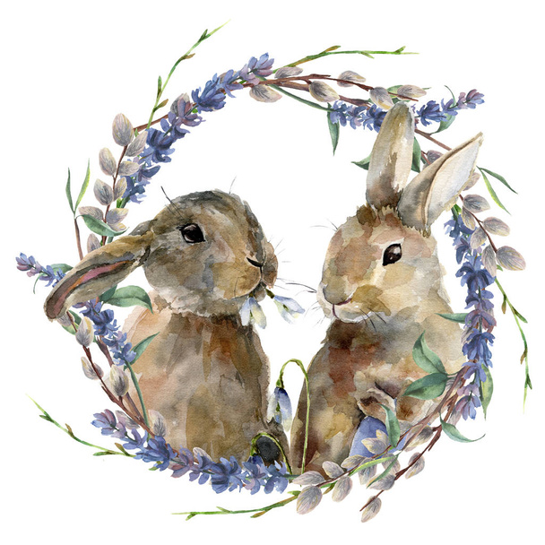 Watercolor Easter bunny with floral wreath. Hand painted rabbit with lavender, willow and tree branch isolated on white background. Holiday symbol illustration for design. - Photo, Image