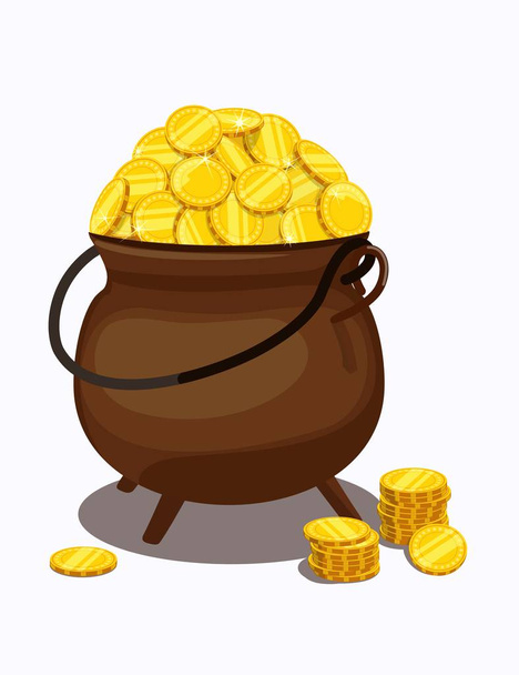 Cauldron filled to top with gold coins. Vector illustration. - Vector, Image