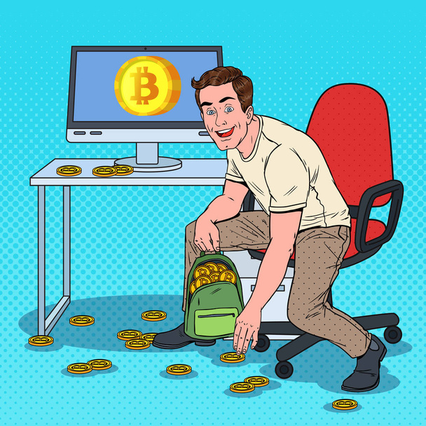 Pop-Art sikeres üzletember Bitcoins betesz hátizsák. Crypto pénznem, virtuális pénz technológia. Vektoros illusztráció - Vektor, kép