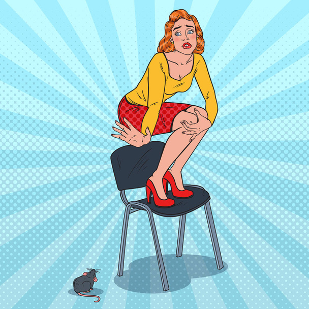 Pop Art Unhappy Young Woman Scared by the Mouse. Female Phobia of Rodent. Vector illustration - Vector, Image