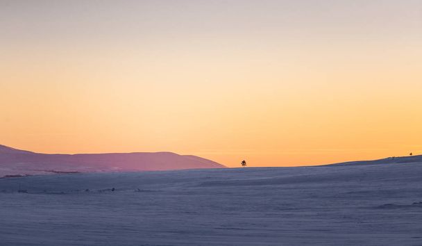 Un magnifique coucher de soleil d'hiver coloré dans une Norvège centrale. Lumière du soir chaude sur les montagnes
. - Photo, image