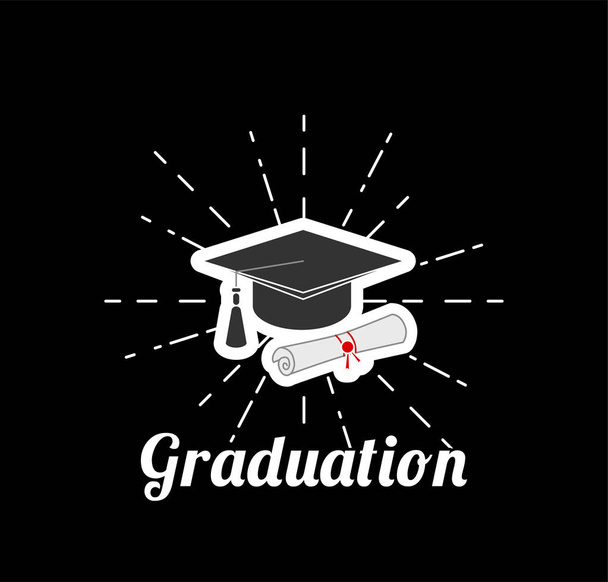 Black graduation cap with degree. Vector illustration. - Wektor, obraz