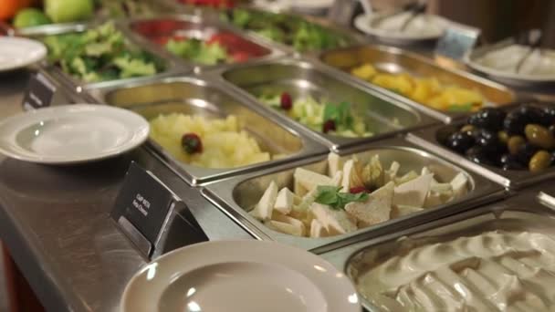 Smorgasbord con insalate a pranzo in un ristorante, panorama di piatti
 - Filmati, video