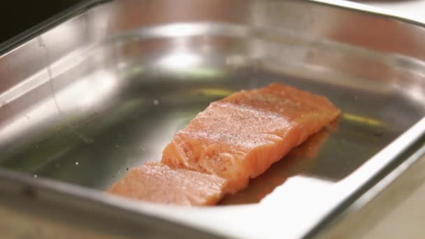 Delicioso trozo de salmón crudo está poniendo y el jugo de limón está cayendo sobre él
 - Imágenes, Vídeo
