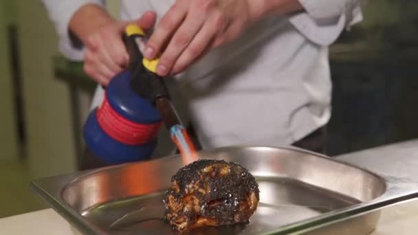 Cocinero macho está quemando un rollo de salmón usando soplete culinario manual
 - Imágenes, Vídeo