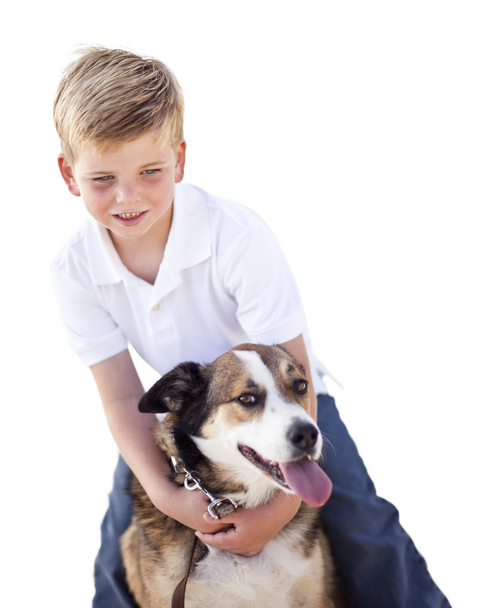 pohledný mladík hraje s jeho pes izolované - Fotografie, Obrázek