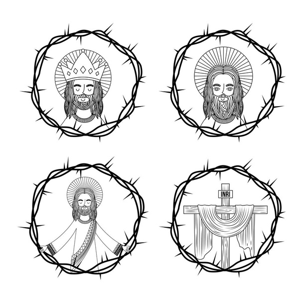 set of sacred jesus cross with crown thorns hand drawing - Vector, Image