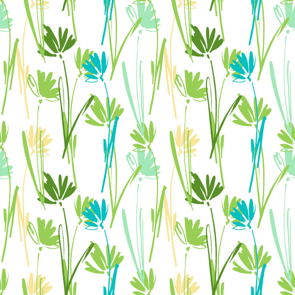 Vector seamless pattern with hand drawing wild plants, herbs and flowers, colorful botanical illustration, floral elements, hand drawn repeatable background. Artistic backdrop. - Vektör, Görsel