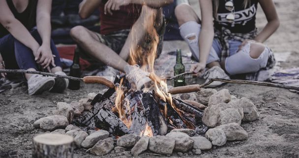 Young friends having a picnic with a fire - Fotó, kép