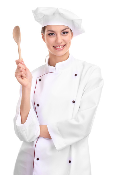 Portrait of young woman chef isolated on white - Fotografie, Obrázek