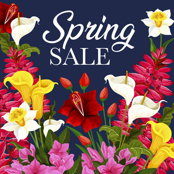 Spring sale discount offer card with flower frame - Vetor, Imagem