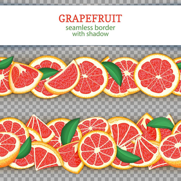 Ripe grapefruit fruit horizontal seamless borders. Vector illustration card Wide and narrow endless strip with red pomelo for design of food packaging juice breakfast, cosmetics, tea, detox diet. - Vector, Image