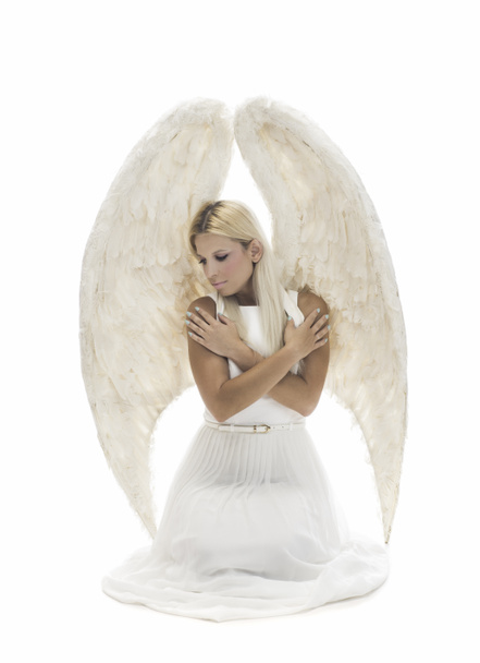 hermosa joven modelo con grandes alas de ángel sentado en el estudio. fondo blanco
 - Foto, imagen