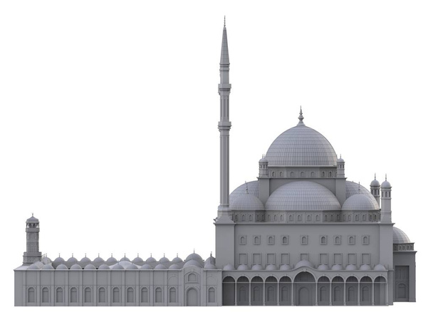 Suuri muslimimoskeija, kolmiulotteinen rasteri kuvitus ääriviivat korostaa yksityiskohtia rakentamisen. 3d-renderointi
. - Valokuva, kuva