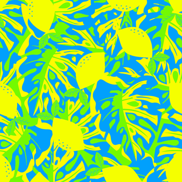 pattern with lemon and tropical leaves - Vektör, Görsel