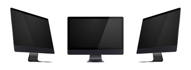 Computer monitor mockup with perspective view. Black monitors with blank screens isolated on white background. - Vector, Image