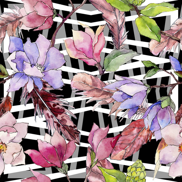 水彩画のワイルドフラワー マグノリアの花のパターン. - 写真・画像