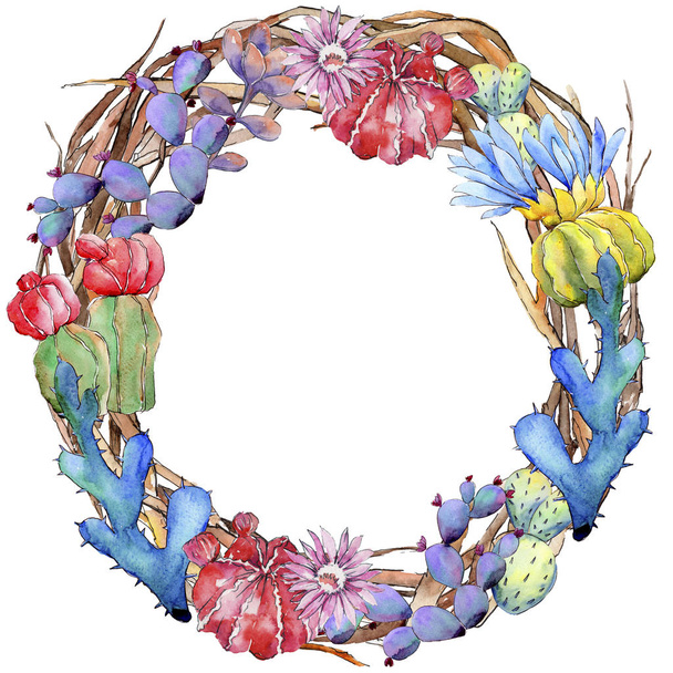 Wildflower cactus flower wreath in a watercolor style. - Φωτογραφία, εικόνα