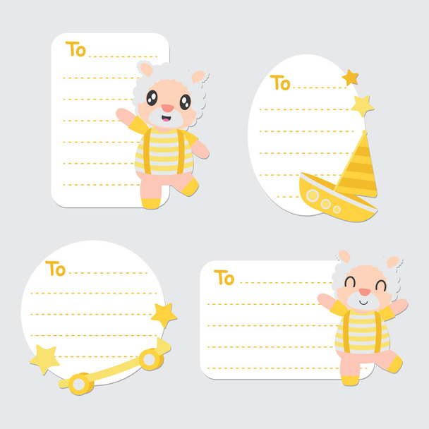 Cute sheep boy and toys vector cartoon illustration for Birthday gift tags design, postcard and sticker set - Διάνυσμα, εικόνα