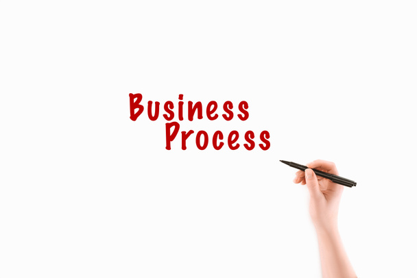 imagem cortada de mulher escrevendo inscrição processo de negócios isolado no branco
 - Foto, Imagem