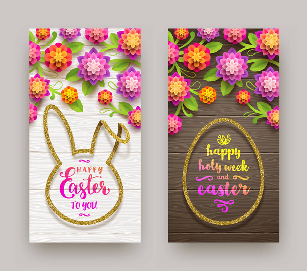 Easter greeting illustration. Easter calligraphic greeting in glitter gold  frame and  flowers on a wooden background. Greeting banners. - Vektori, kuva
