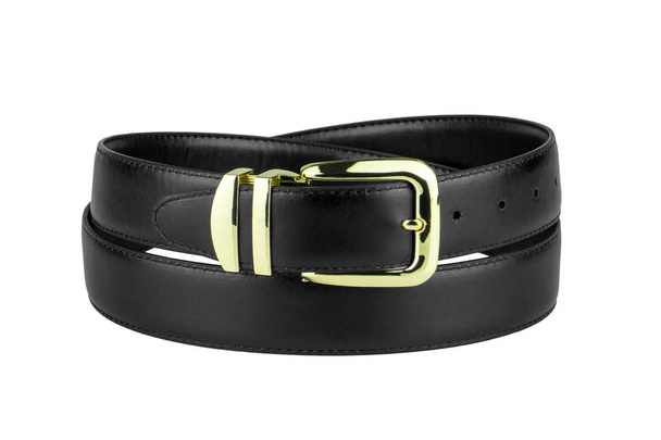 cinturón de cuero negro de los hombres de moda con hebilla de oro aislado sobre fondo blanco
 - Foto, imagen