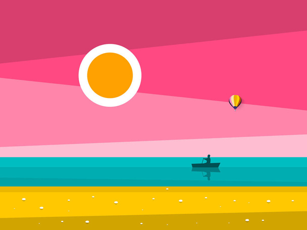 夕日の海の風景です。手漕ぎボートのシルエットの男と日の出の海。フラットなデザインのベクトル図. - ベクター画像