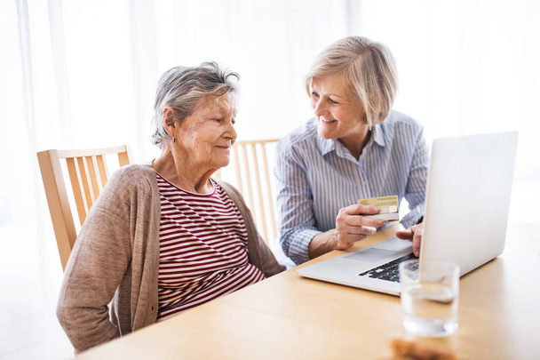 Senior woman with her mother with laptop at home. - 写真・画像