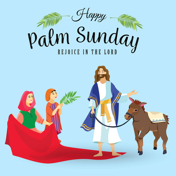 din tatil palm Pazar Paskalya önce kutlama girişinde İsa'nın Kudüs'e, hurma ile mutlu insanlar giriş vektör çizim yaprak, Rides eşek, çocuk selamlar İsa dostum - Vektör, Görsel