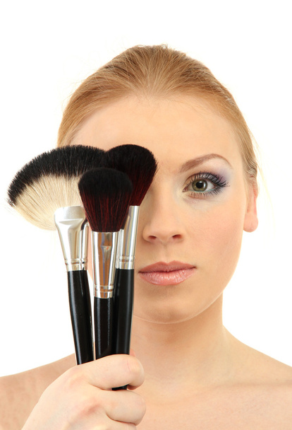 portrait of beautiful woman with make-up brushes, isolated on white - Foto, immagini