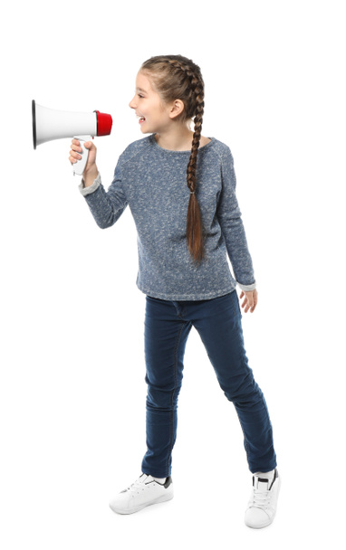 Little girl shouting into megaphone on white background - Фото, изображение