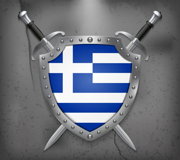 Řecká vlajka. Štít s národní vlajkou. Dvě zkřížené meče - Vektor, obrázek