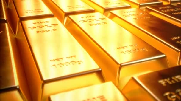 Fine Gold bary 1000 gramów na podłodze z rozrzucone kawałki złota. Koncepcja bogactwa, 4k animacji 3d - Materiał filmowy, wideo