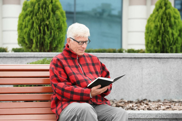 Handsome mature man reading book on bench outdoors - Fotoğraf, Görsel