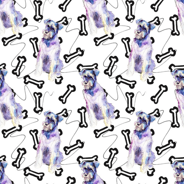 Seamless pattern with bones and dogs, doodle background, hand-drawn watercolor illustration. - Zdjęcie, obraz