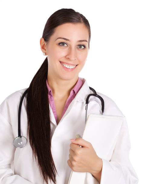 Woman doctor in a white coat with notebook - Foto, Imagem