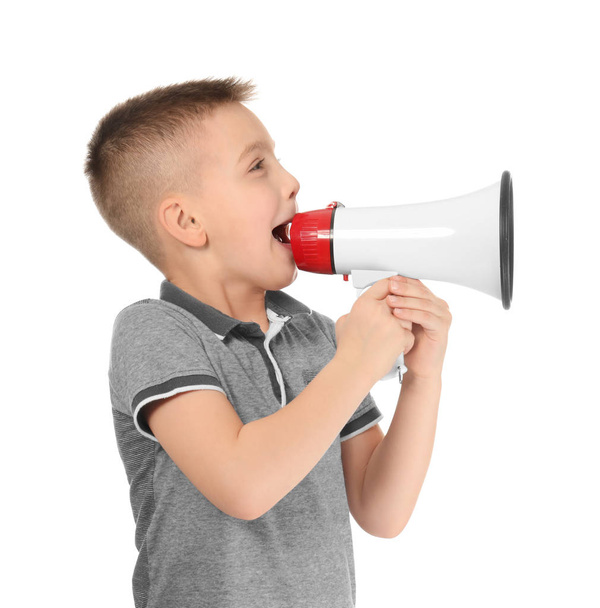 Cute little boy shouting into megaphone on white background - Φωτογραφία, εικόνα