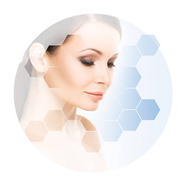 Facial portrait of young and healthy woman in honeycomb mosaic. Plastic surgery, skin care, cosmetics and face lifting concept. - Foto, Bild