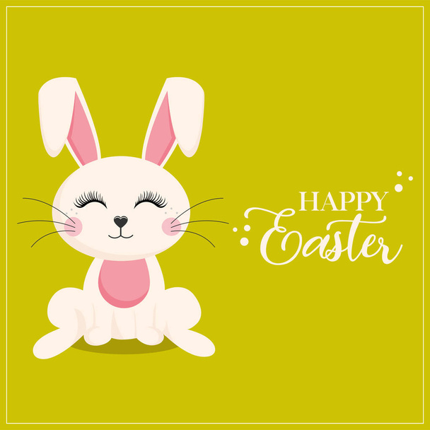 Funny Easter bunny and Happy Easter inscription on green background, vector illustration - Vektor, kép