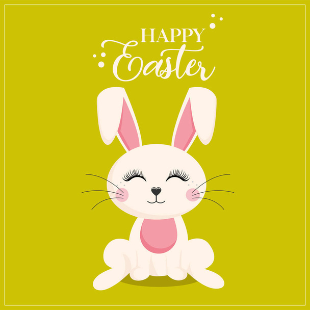 Funny Easter bunny and Happy Easter inscription on green background, vector illustration - Vektor, kép