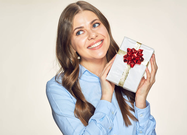Happy woman isolated portrait with white gift box.  - Zdjęcie, obraz