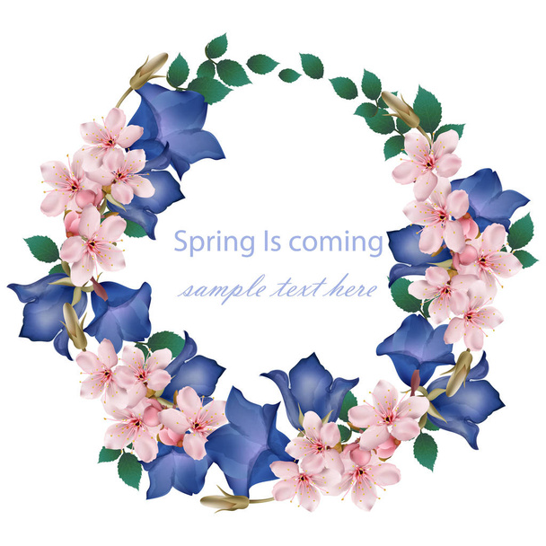 Spring is coming card with cherry flowers wreath Vector. Realistic detailed illustrations - Vector, afbeelding