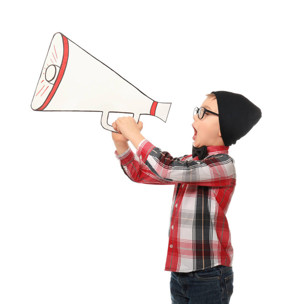 Cute little boy with paper megaphone on white background - Фото, изображение