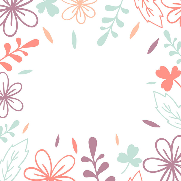 Vector frame. Pink and violet flowers and leaves. Illustration for wedding invitation card, print - Вектор, зображення