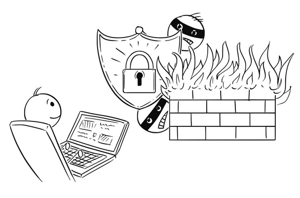 Karikatur eines Mannes oder Geschäftsmannes, der auf einem Computer arbeitet, der durch starkes Passwort und Firewall gesichert ist - Vektor, Bild