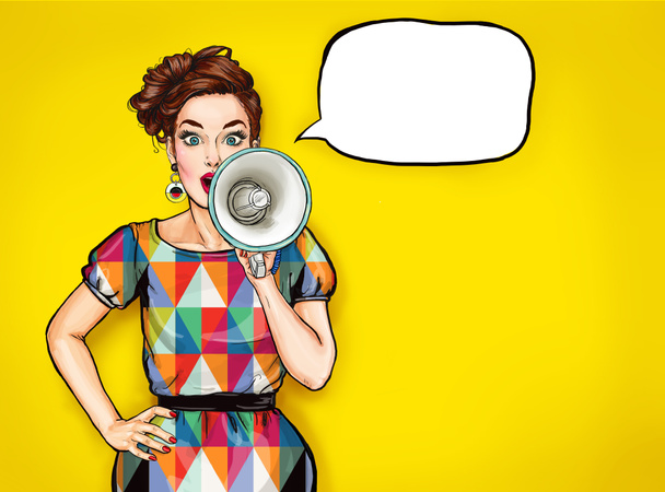 Pop art girl with megaphone. Woman with loudspeaker. Advertising poster with lady announcing discount or sale.  - Photo, Image