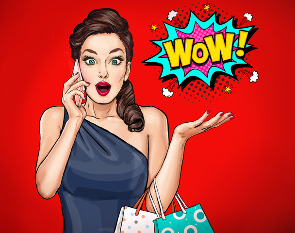 Amazed young sexy woman with open mouth in comic style.  Pop Art girl with phone and shooing bags saying wow.  Advertising poster with surprised magazine cover female model. - Photo, Image