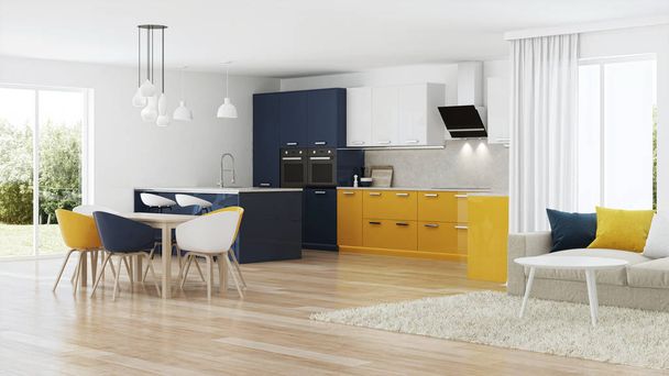 Casa moderna interior con cocina amarilla. Renderizado 3D
. - Foto, Imagen