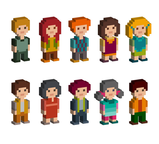 Different pixel 8-bit isometric characters. Men and women are standing on white background. Vector illustration. - Vector, Image
